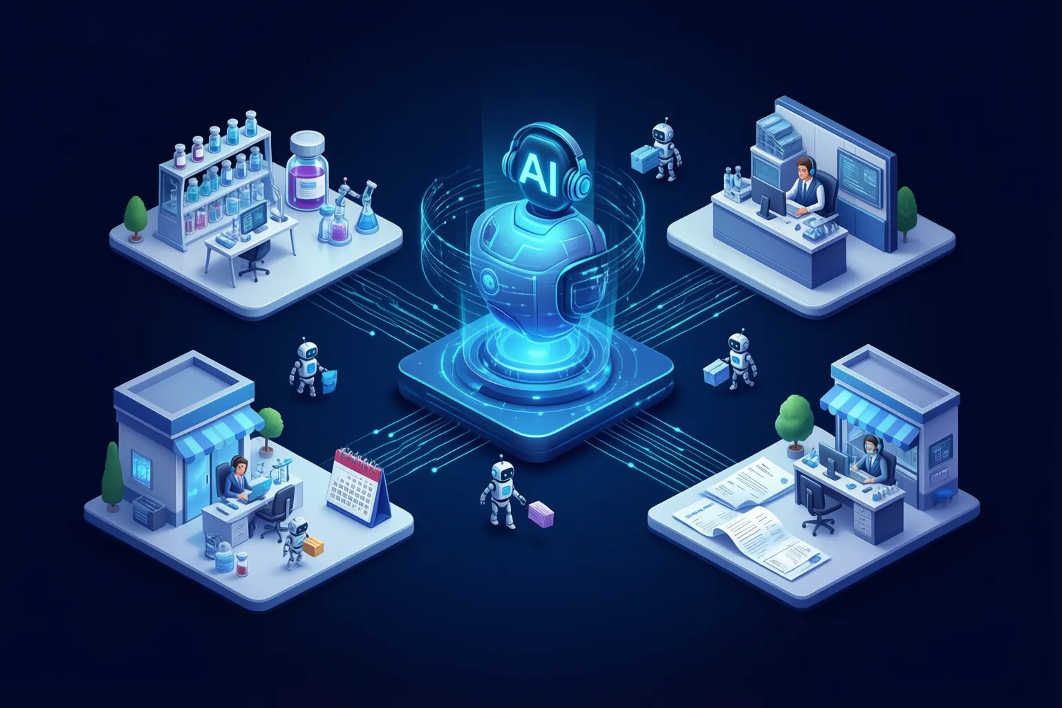 AI agents working for a small business and a lab: front desk, bookings, orders and quality records connected to one agent hub